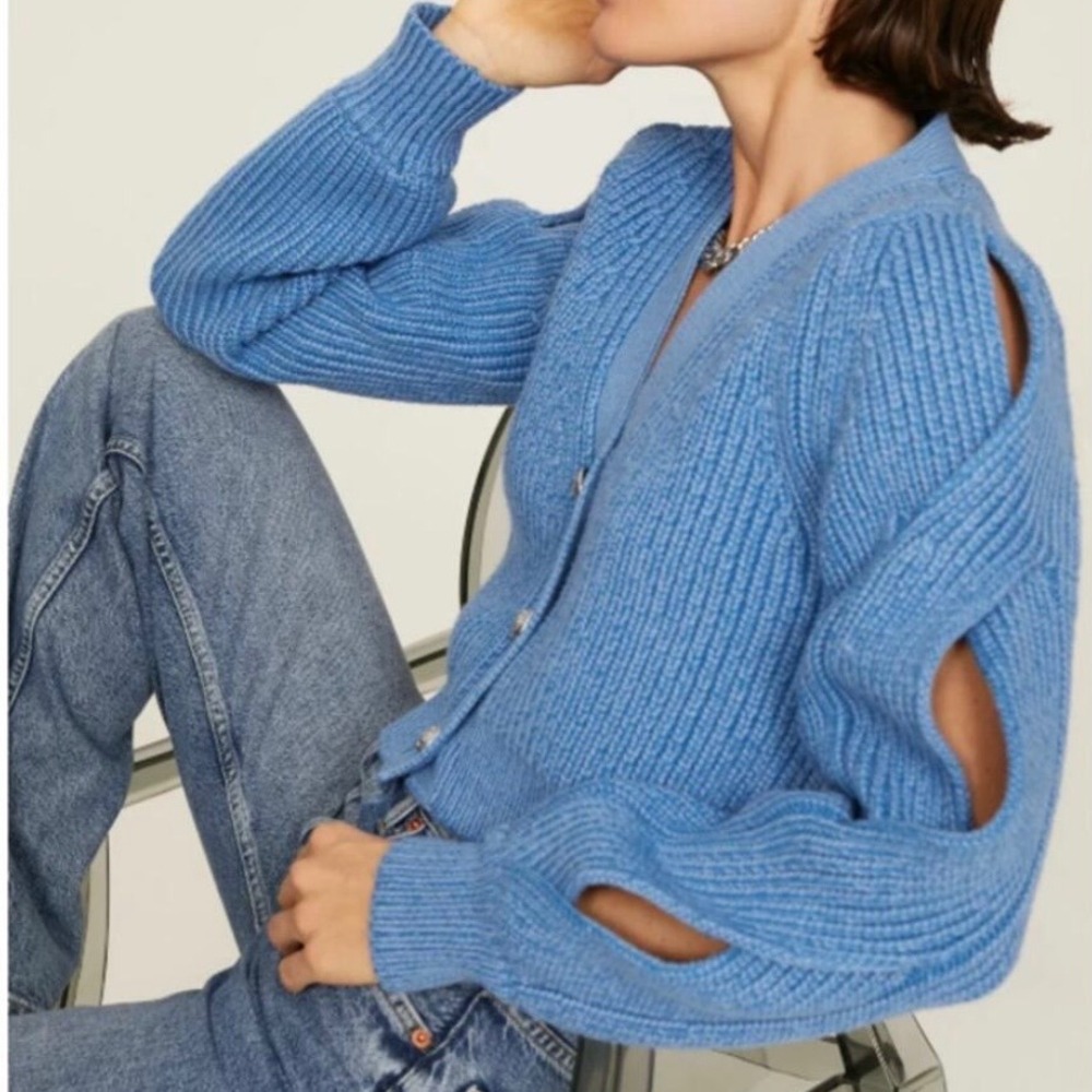 Derek Lam‎ 10 Crosby Blue Ribbed Cropped Cardigan Sweater Cutout Sleeve Medium - Picture 3 of 9